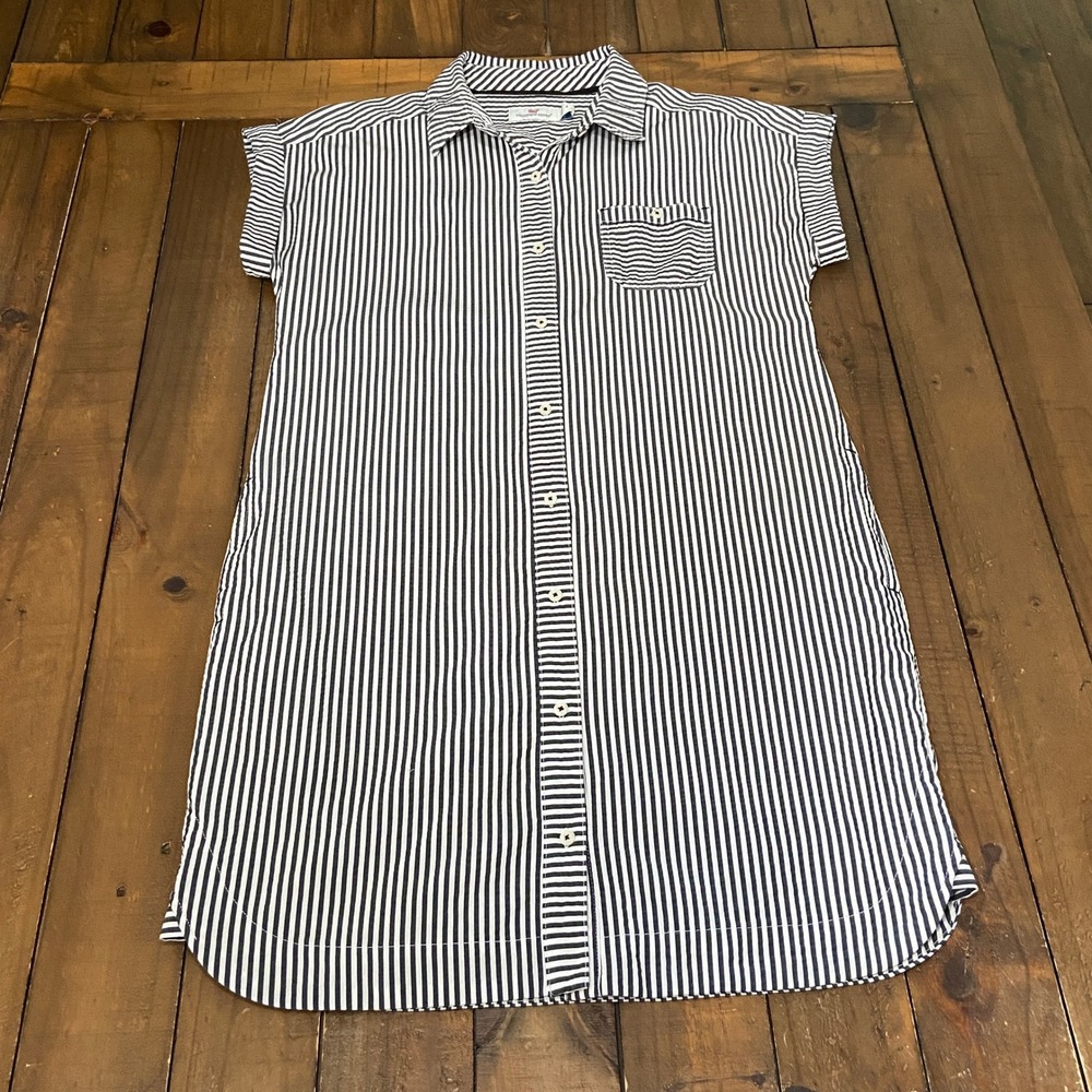 Vineyard Vines Margo Navy White Striped Button‎ Front Shirt Dress Pockets 4